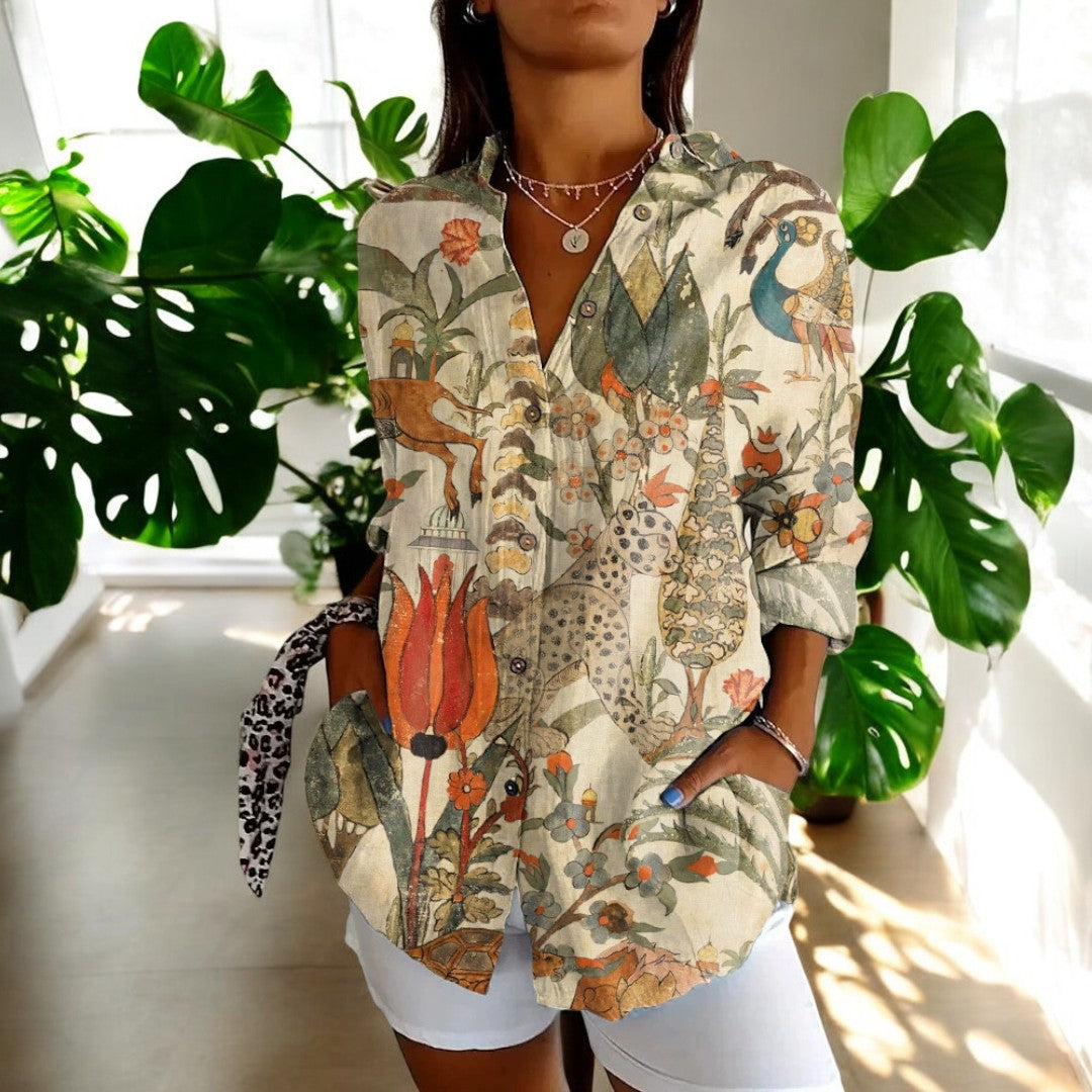 AYORA | Airy Blouse with Botanical Animal Motif 0