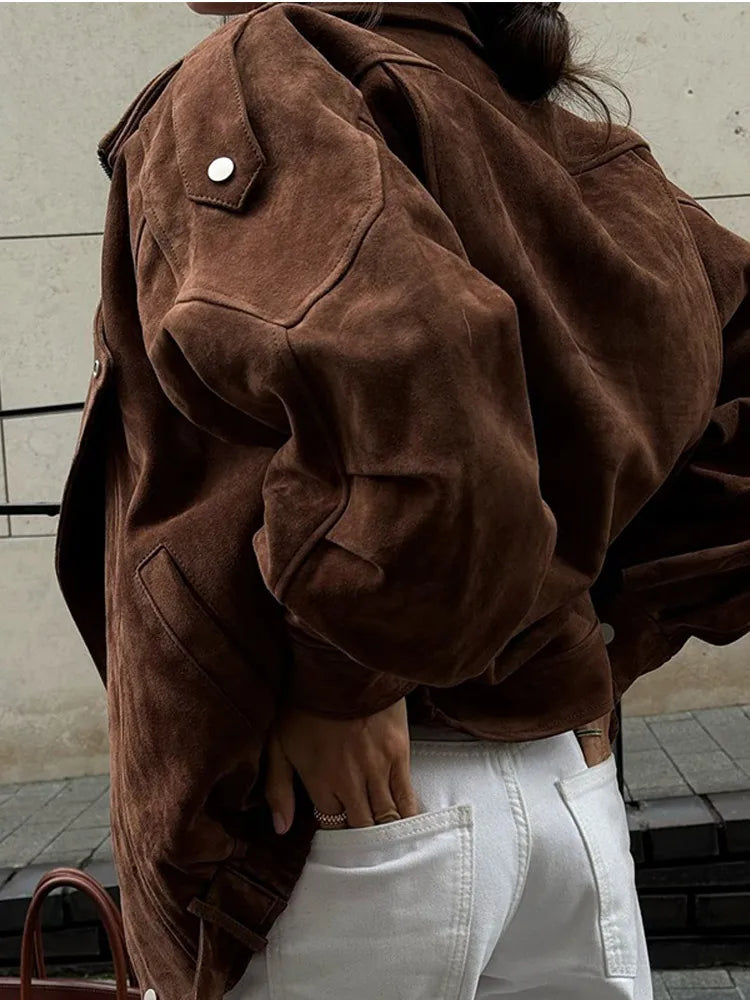 Ava Ladies Biker Jacket | Soft Suede with Oversized Collar 5