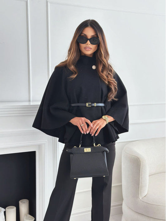 Batwing coat with belt and wide sleeves | Elegant wool blend coat 1
