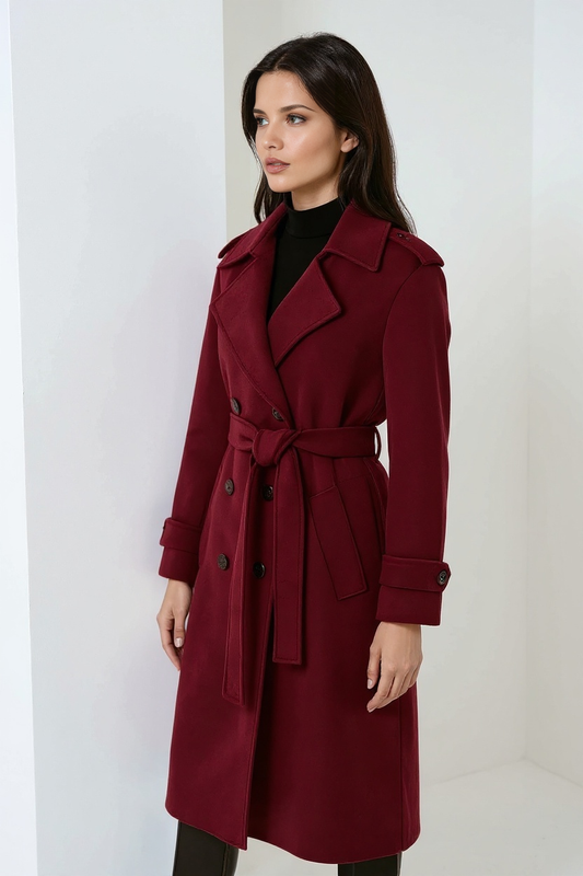 Burgundy Long Winter Coat for Women with Belt and Double Buttons for Style and Comfort 1