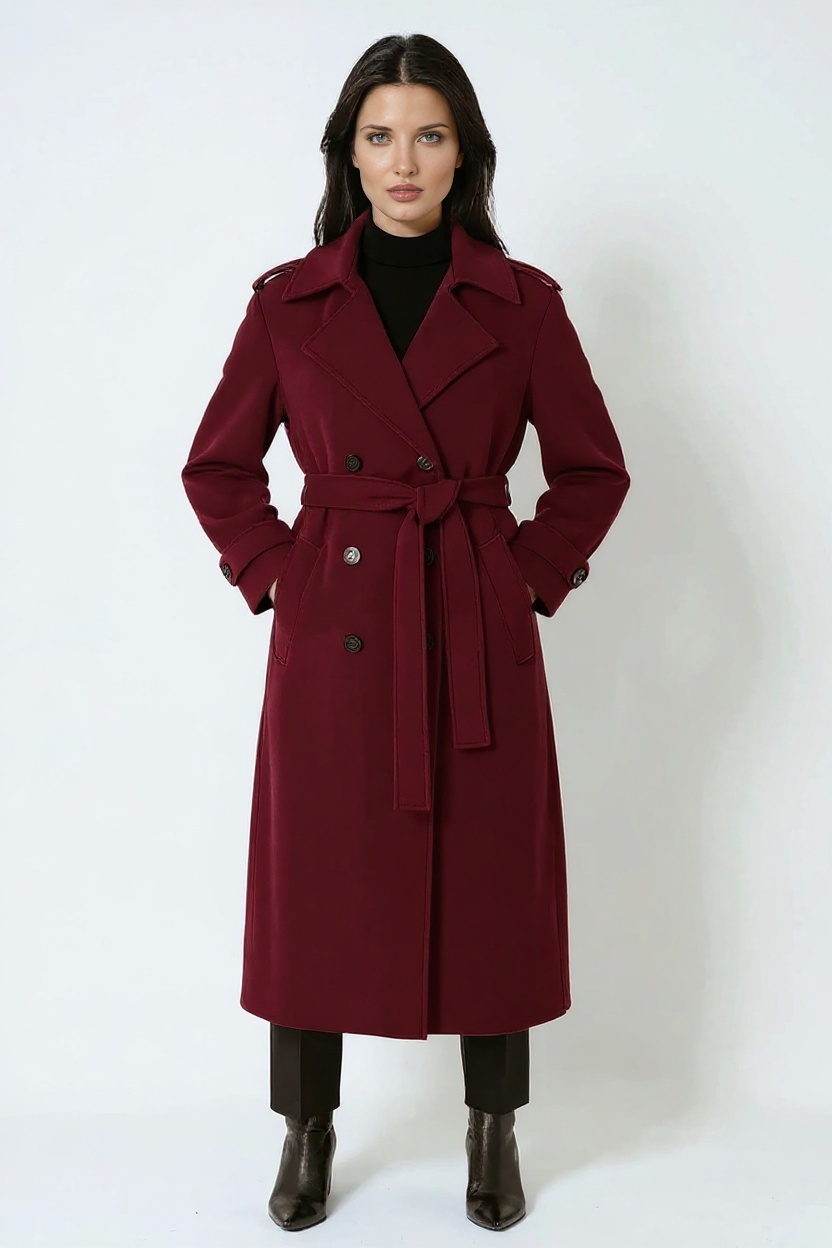Burgundy Long Women's Winter Coat with Belt and Double Buttons for Style and Comfort 2
