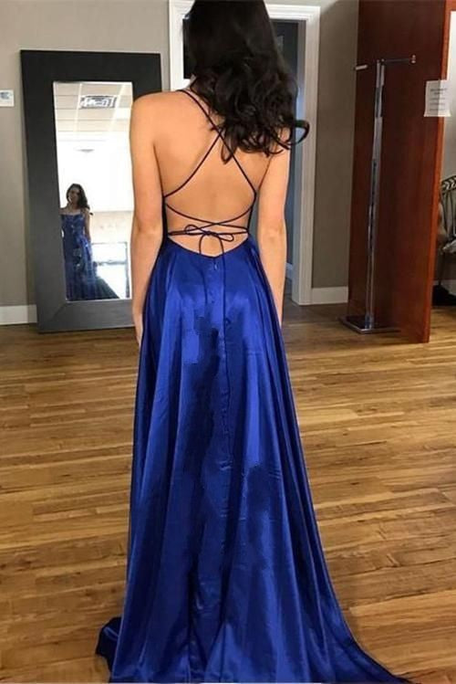 Elvanya | Royal Blue Evening Gown with Slit and Spaghetti Straps 3