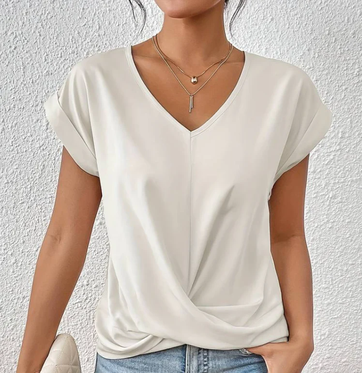 Evina | Loose-fitting women's T-shirt with V-neck and Crossed Detail 8