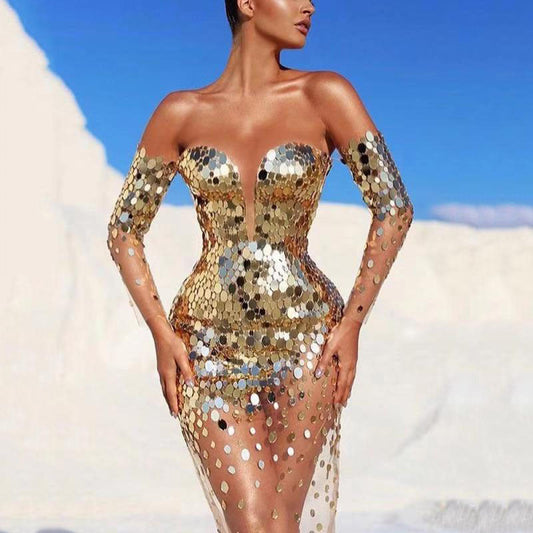 Glamour Women's Party Dress | Sequins, Deep Neckline 1
