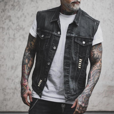 Havoc Men's Denim Vest | Sturdy Fabric, Motorcycle Print 2