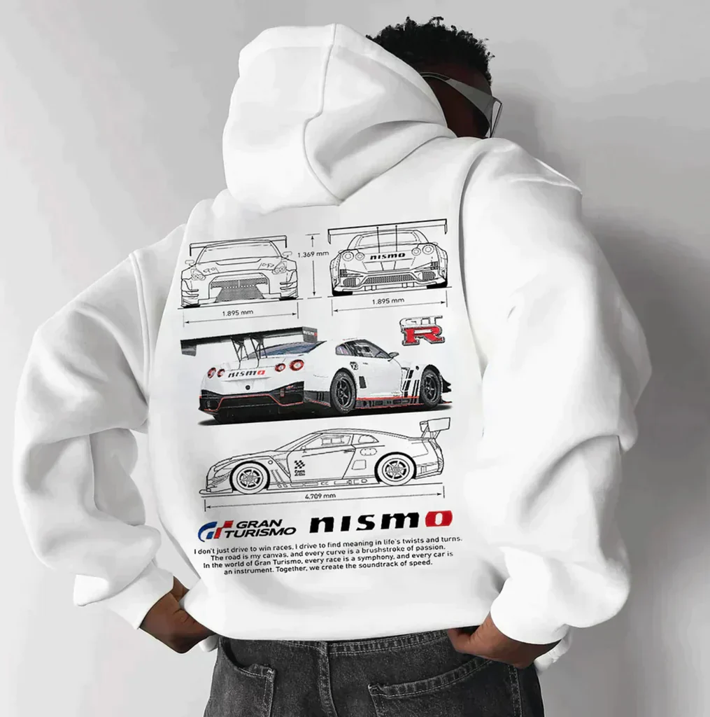 Hoodie with sports car print – Back design with typography and sleeve print 7