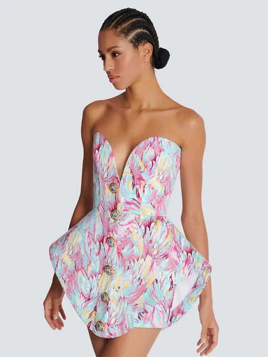 LEONTINA | Sculptural Strapless Mini Dress with Abstract Print 1