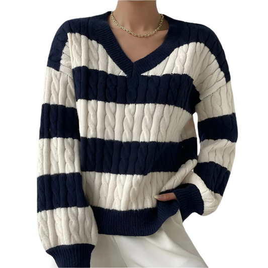 MAUDE | Cable-knit sweater with wide stripes 1