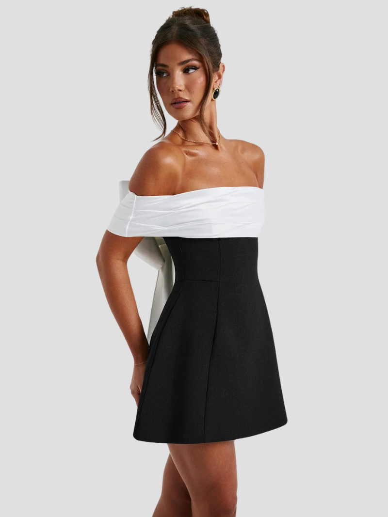 NOIRÉLLE | Black and white mini dress with bow detail and Bardot neckline 4