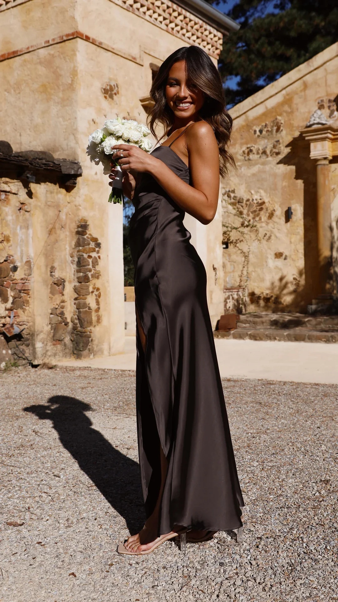 SERÉNA | Satin evening dress with high slit and spaghetti straps 7