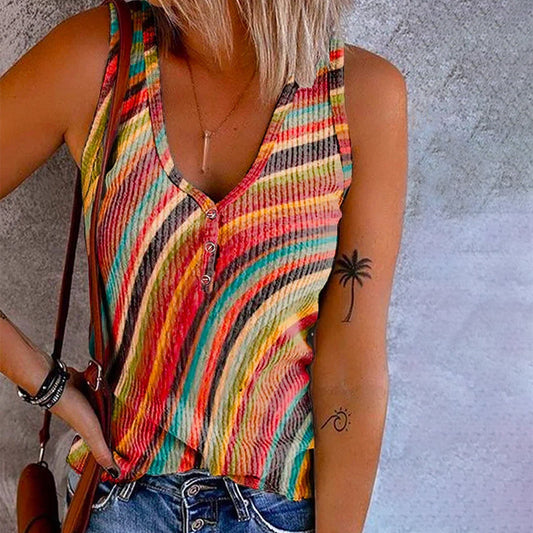 SOLÉNA | Rainbow Striped Tank Top with Buttons 1