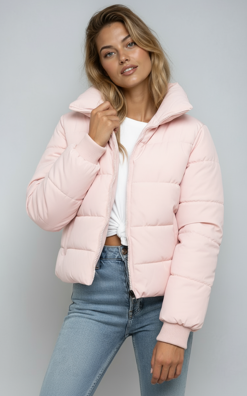 Short Padded Women's Jacket with High Collar and Zipper – Trendy Puffer Jacket for Winter and Autumn 7
