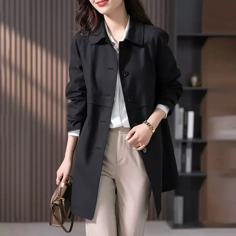Women's Trench Coat with Button Fastening and Collar – Timeless and Comfortable in Black, Suitable for Spring and Autumn 3
