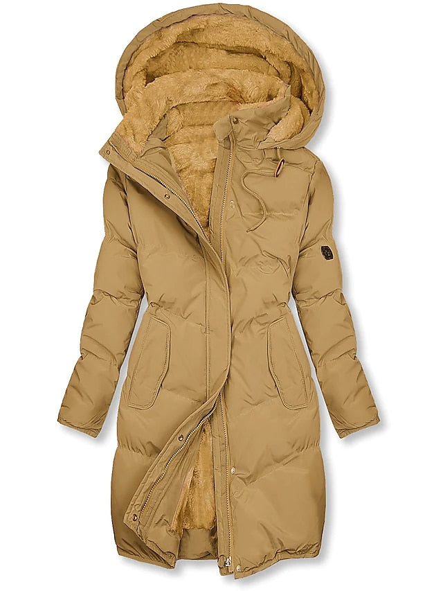 Women's long padded puffer winter coat with hood and warm lining 2