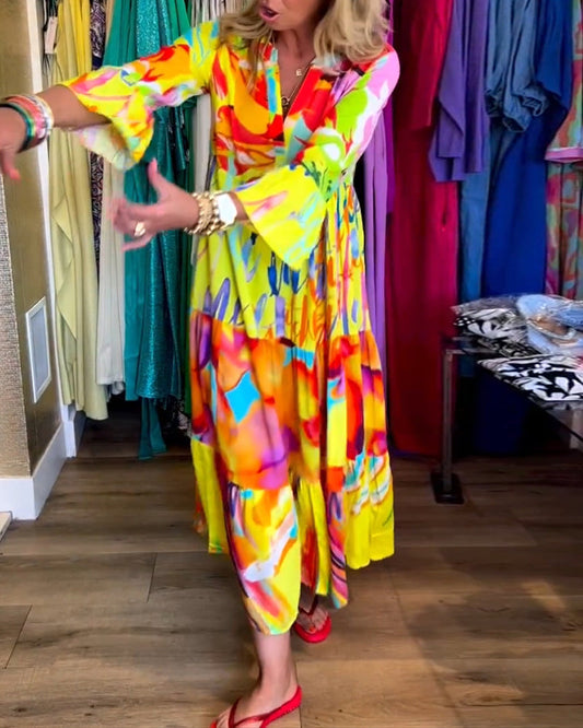 Yellow dress with flared sleeves and elegant print 1