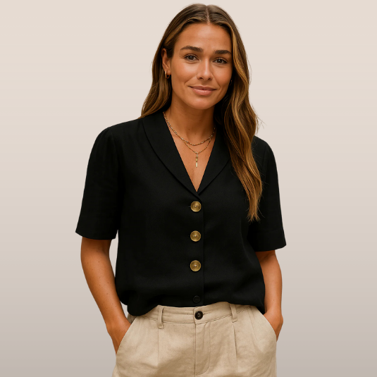 ARVINA | Women's blouse with shawl collar – Short sleeves and button fastening at the front 1