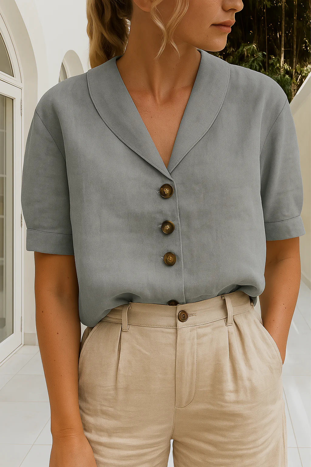 ARVINA | Women's blouse with shawl collar – Short sleeves and button fastening at the front 2