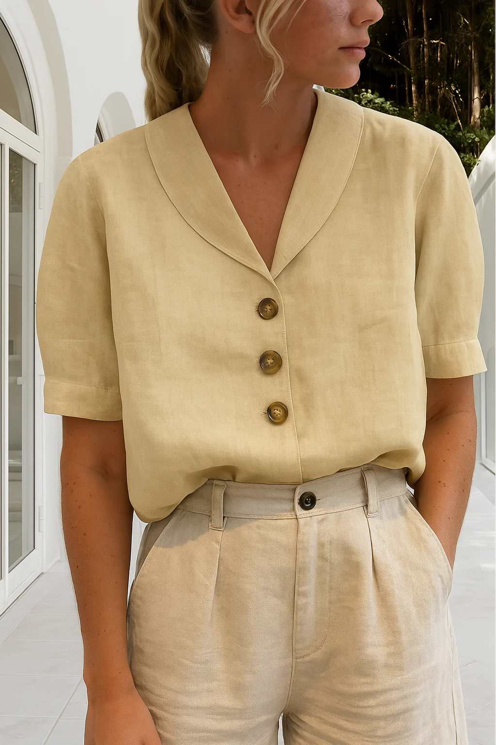 ARVINA | Women's blouse with shawl collar – Short sleeves and button fastening at the front 3
