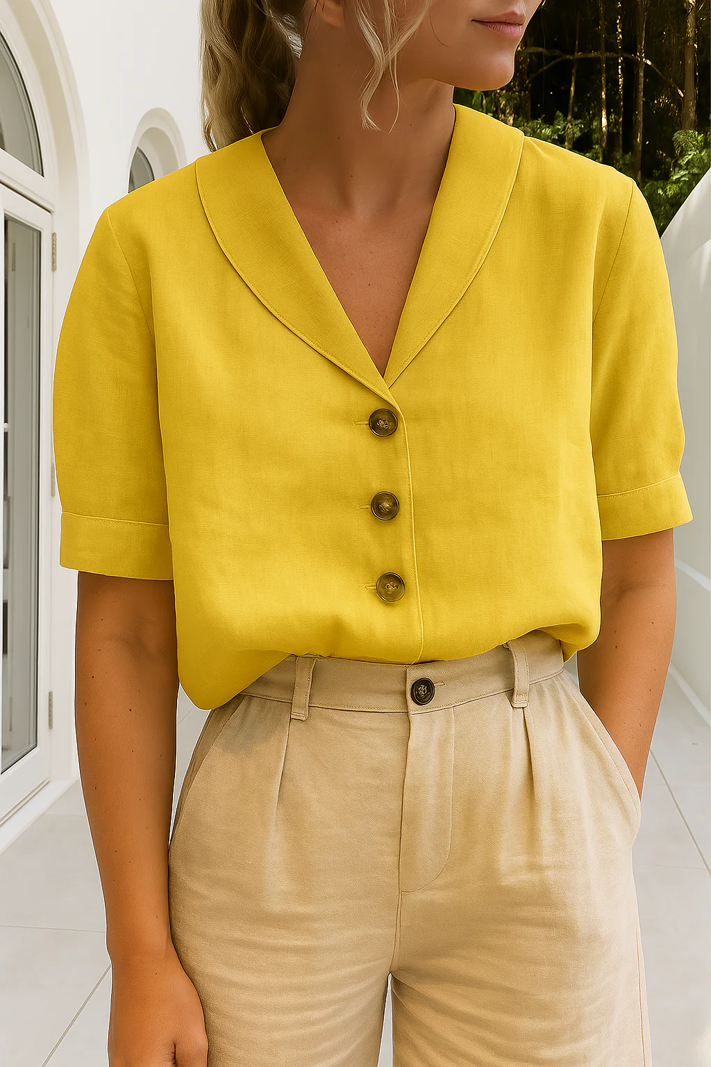ARVINA | Women's blouse with shawl collar – Short sleeves and button fastening at the front 7