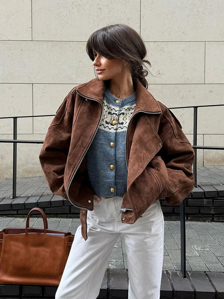 Ava Women's Biker Jacket | Soft Suede with Oversized Collar 1