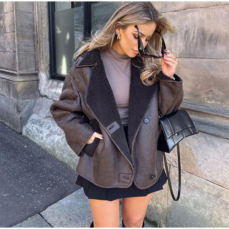Ava Women's Winter Coat | Brown Leather with Fleece Lining, Vintage Chic 1