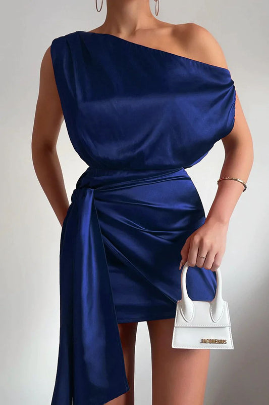 Avélie | Elegant One Shoulder Mini Dress in Satin Look 0