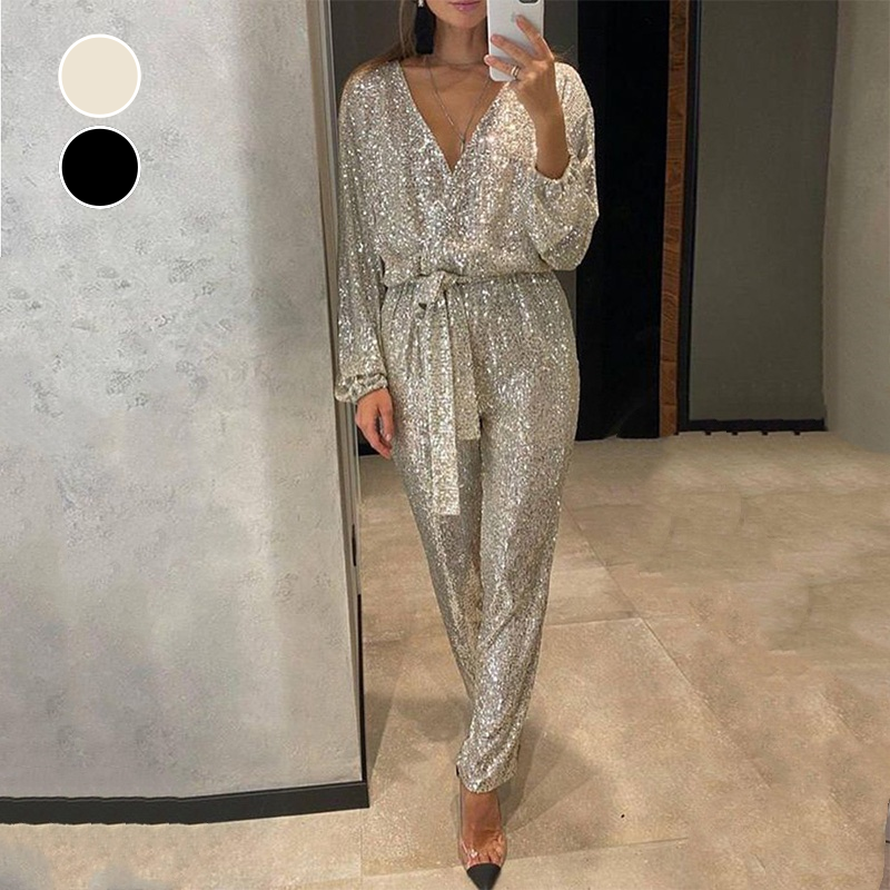 CELINNE | Glittering Jumpsuit with V-neck and Elegant Waist Belt 1