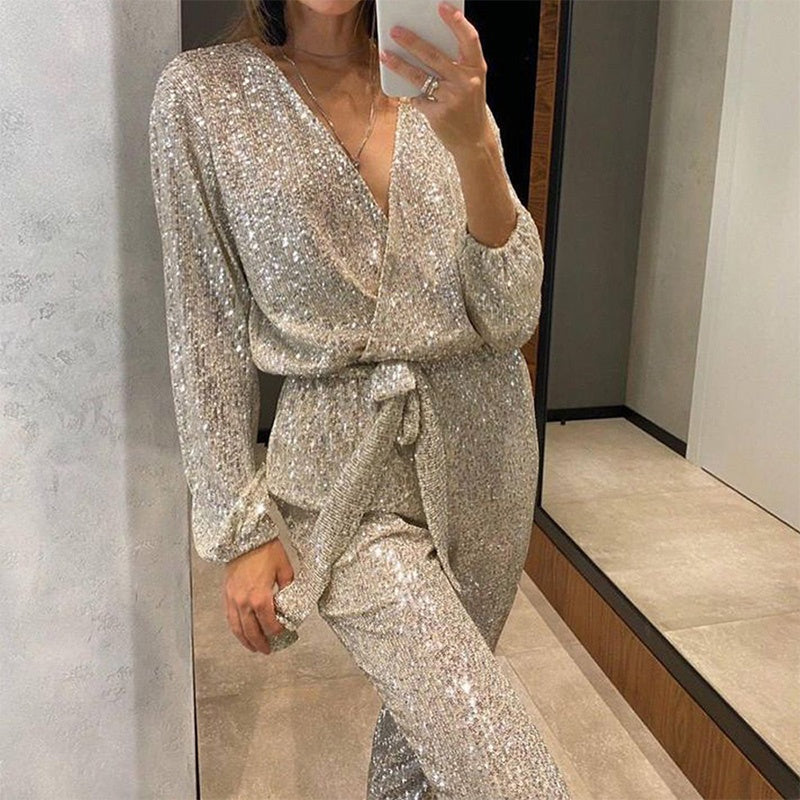 CELINNE | Glittering Jumpsuit with V-neck and Elegant Waist Belt 5
