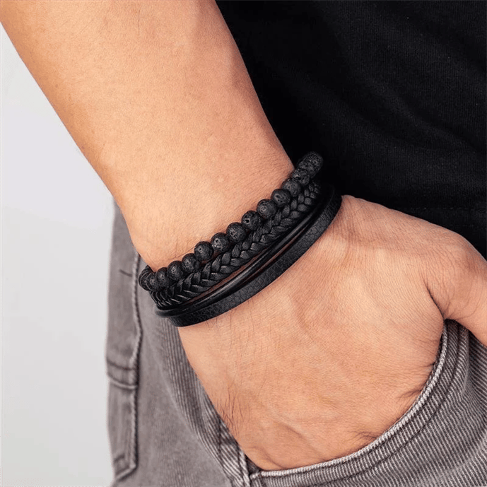 Caro Men's Bracelet Set | Lava Stone & Leather Design, Adjustable 0
