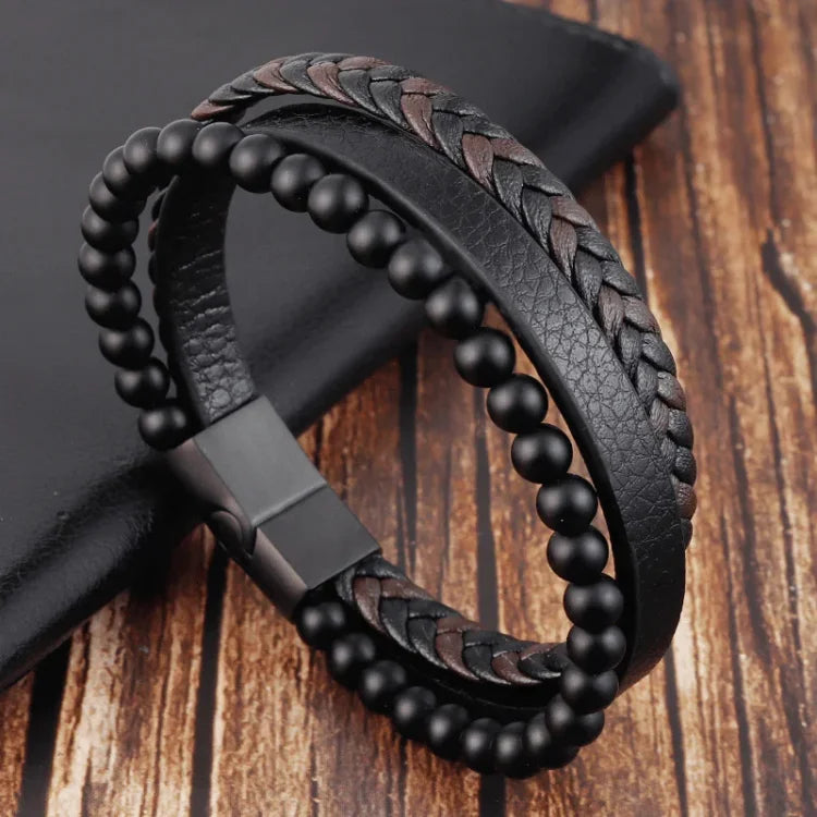 Caro Men's Bracelet Set | Lava Stone & Leather Design, Adjustable 2