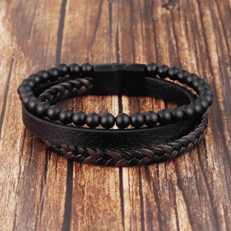 Caro Men's Bracelet Set | Lava Stone & Leather Design, Adjustable 3