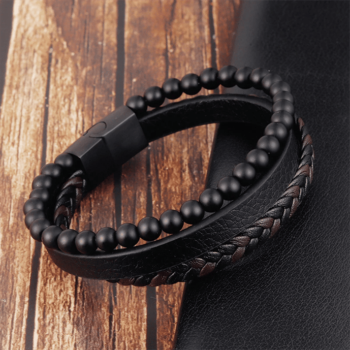 Caro Men's Bracelet Set | Lava Stone & Leather Design, Adjustable 5