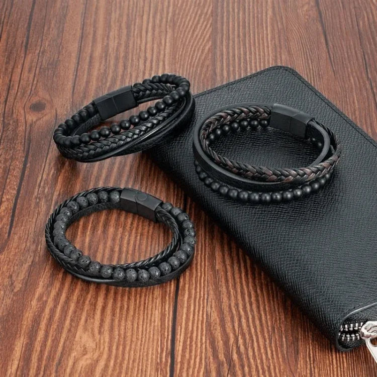 Caro Men's Bracelet Set | Lava Stone & Leather Design, Adjustable 7