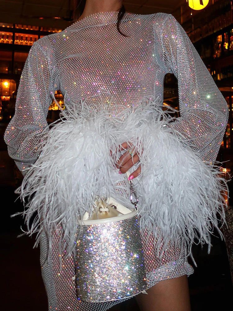 Celestine | Metallic Mini Dress with Feathers and Cuff Detail 1