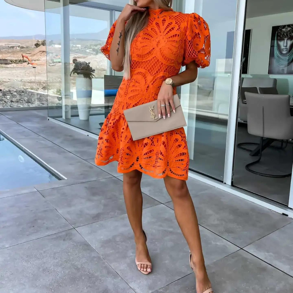 Celina – Fashionable lace dress with puff sleeves for women 2