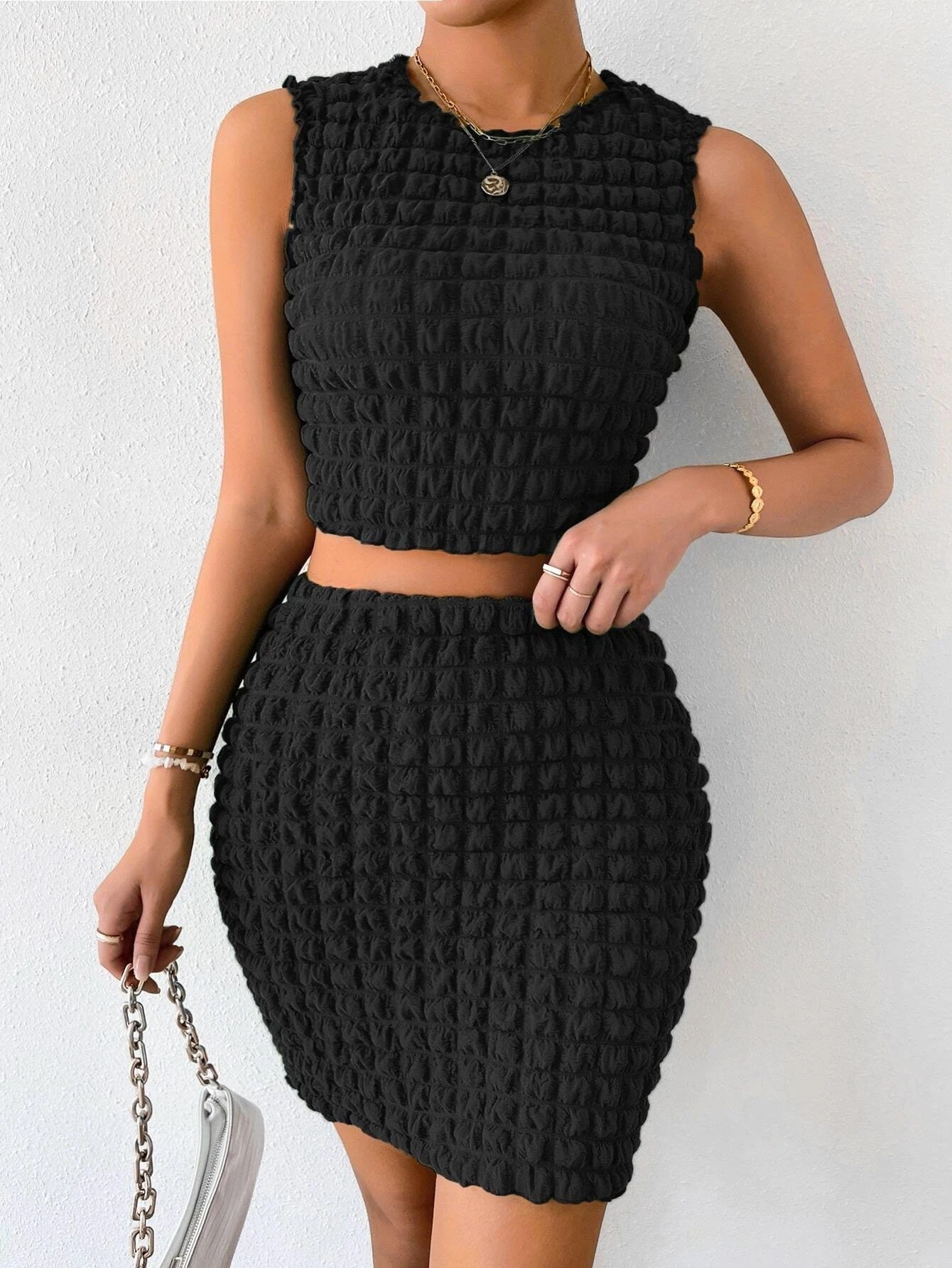 DARINKA | Bubble-texture crop top & high-waisted skirt set 0