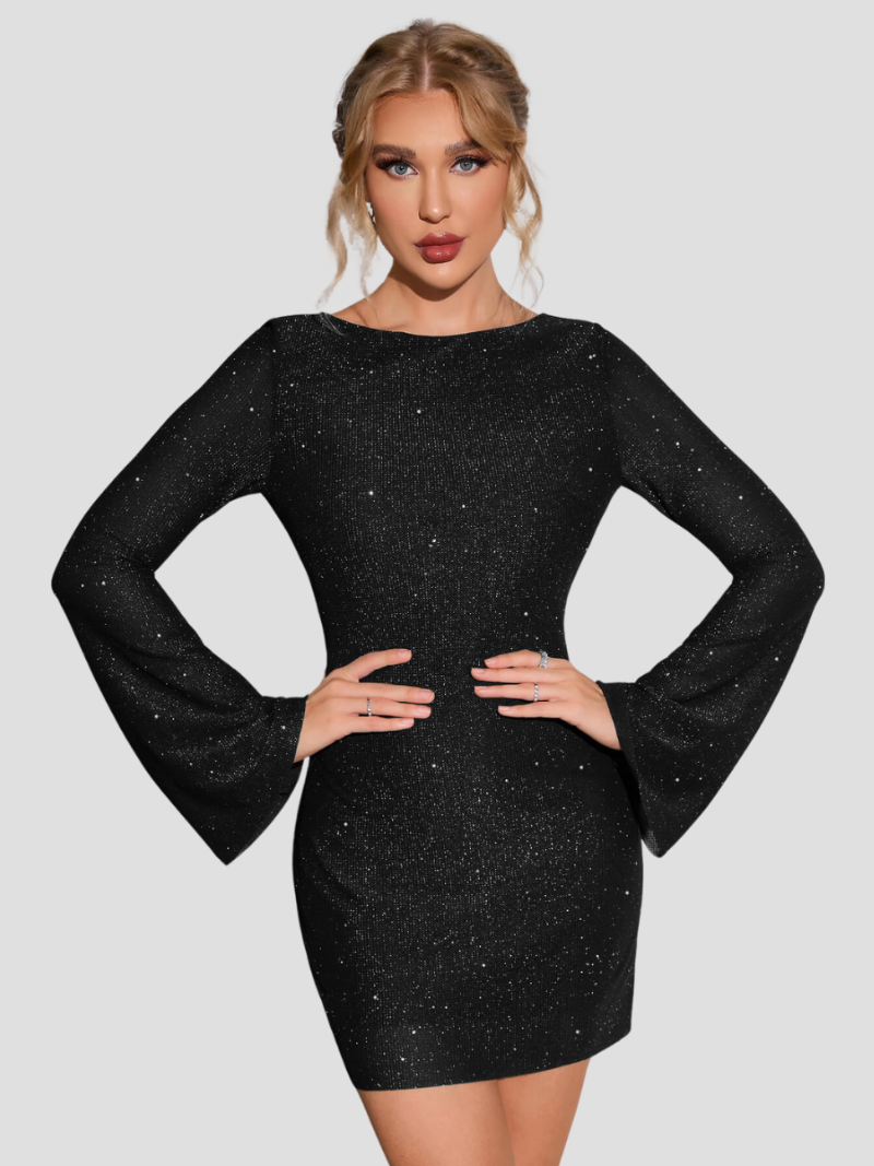 ELENORA | Glitter Dress with Open Back and Long Sleeves 0