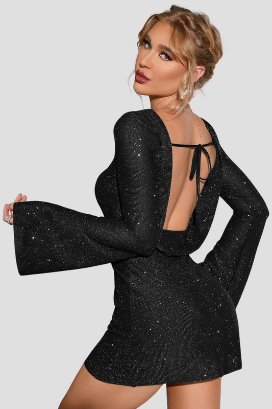 ELENORA | Glitter Dress with Open Back and Long Sleeves 1