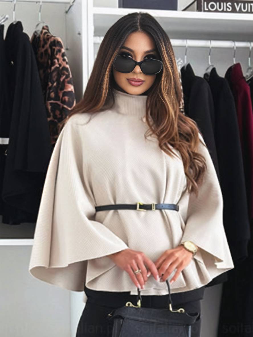 ÉLINOR | Short poncho coat with belt and batwing sleeves 10