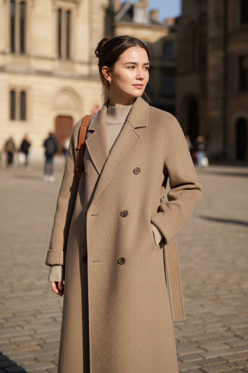 Elegant Long Winter Coat for Women with Double-Breasted Design and Rib-Knit Cuffs - Warm and Comfortable 2