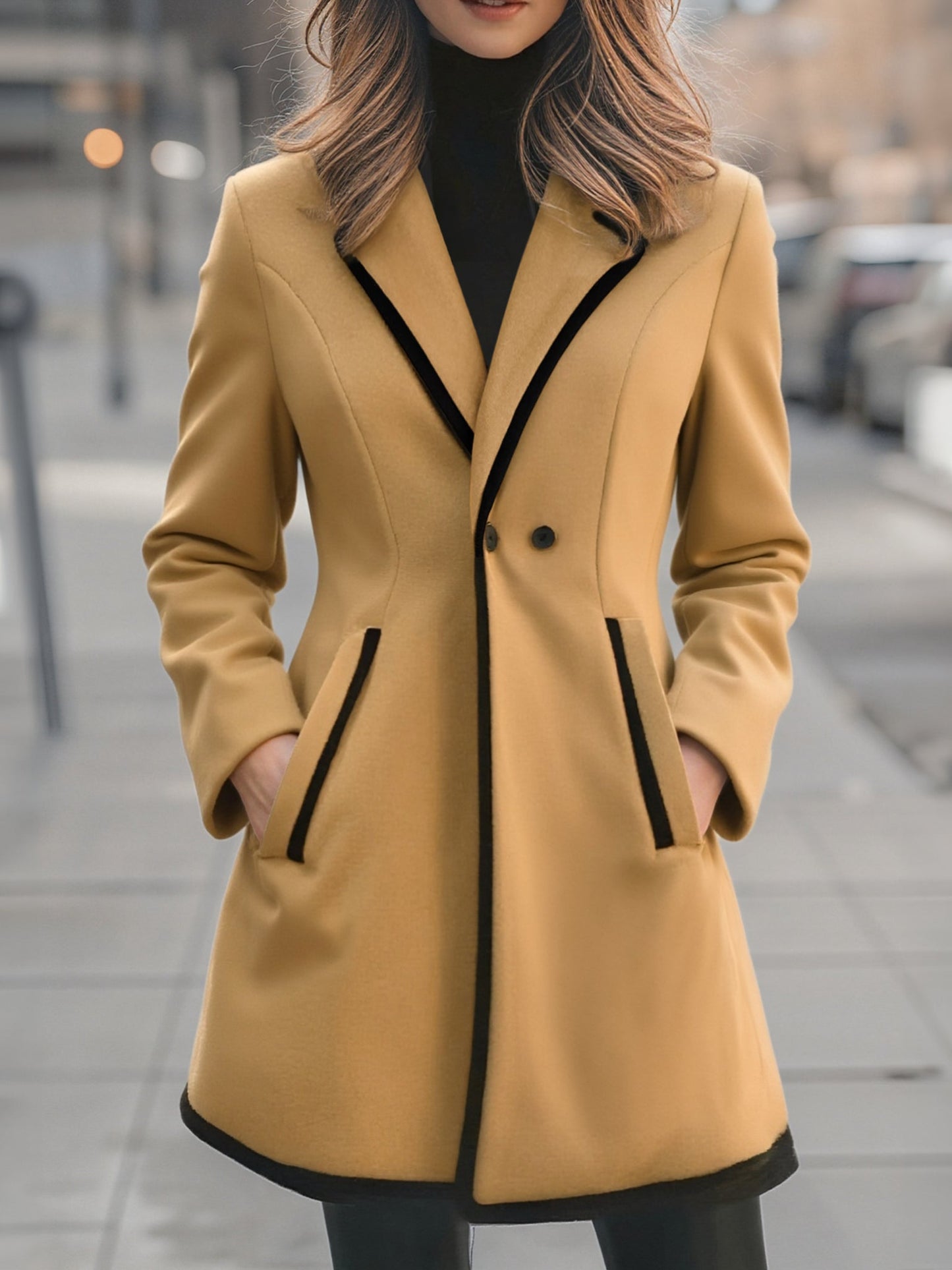 Elegant Long Women's Winter Coat with Black Details and Double Button Closure for Style and Comfort 6