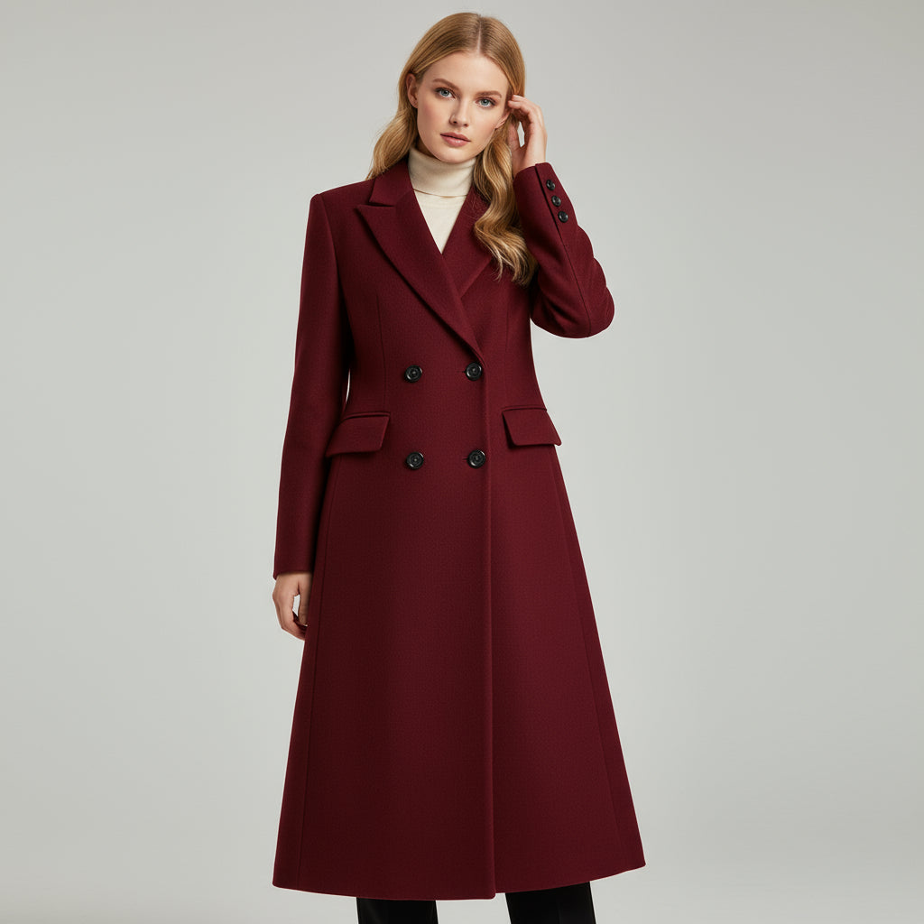 Elegant long coat in wine red with double buttons 0