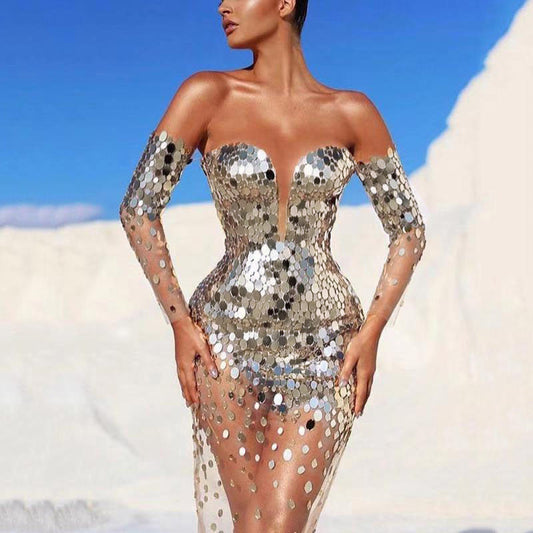 Glamour Women's Party Dress | Sequins, Deep Neckline 0
