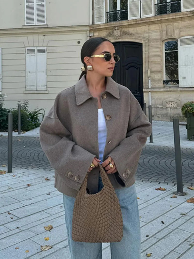 Hélené Women's Winter Coat | Wool Blend, Oversized Collar and Button Fastening 0