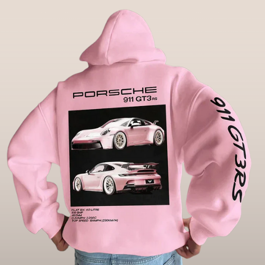 Hoodie with sports car print – Back design with typography and sleeve print 1