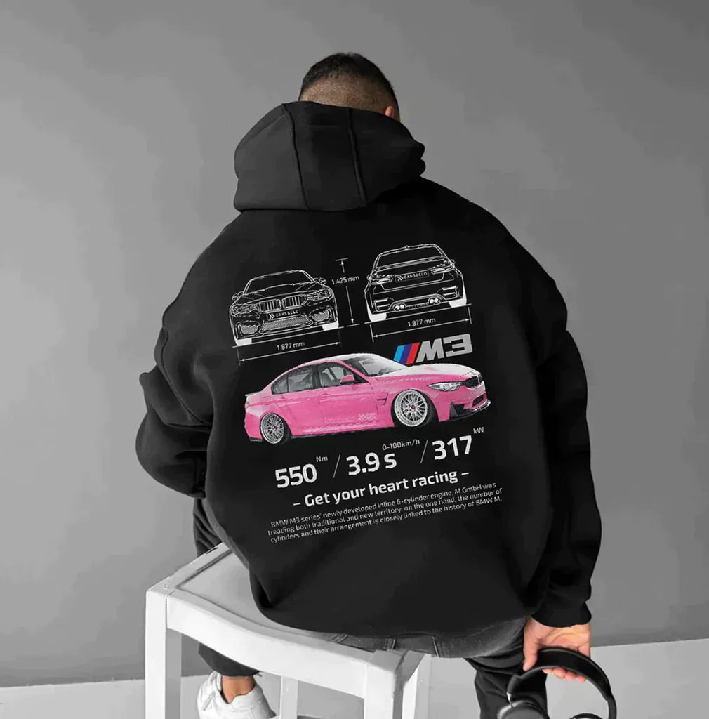 Hoodie with sports car print – Back design with typography and sleeve print 2