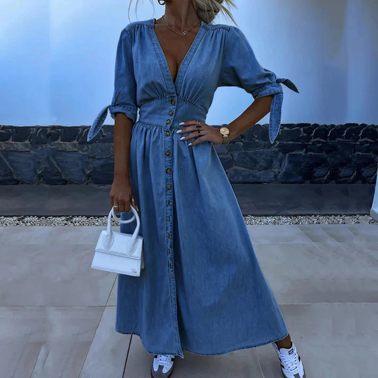 JENARA | Denim maxi dress with buttons and tie sleeves 0