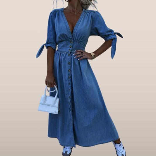 JENARA | Denim maxi dress with buttons and tie sleeves 1