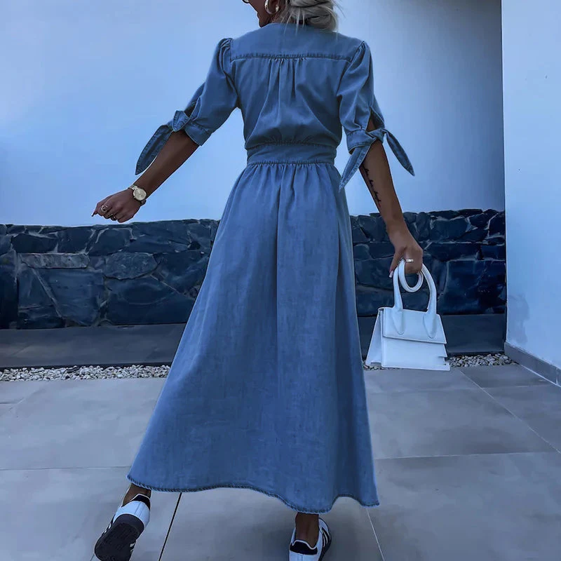 JENARA | Denim maxi dress with buttons and tie sleeves 2