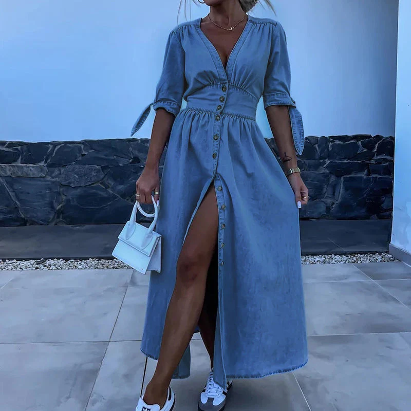 JENARA | Denim maxi dress with buttons and tie sleeves 3